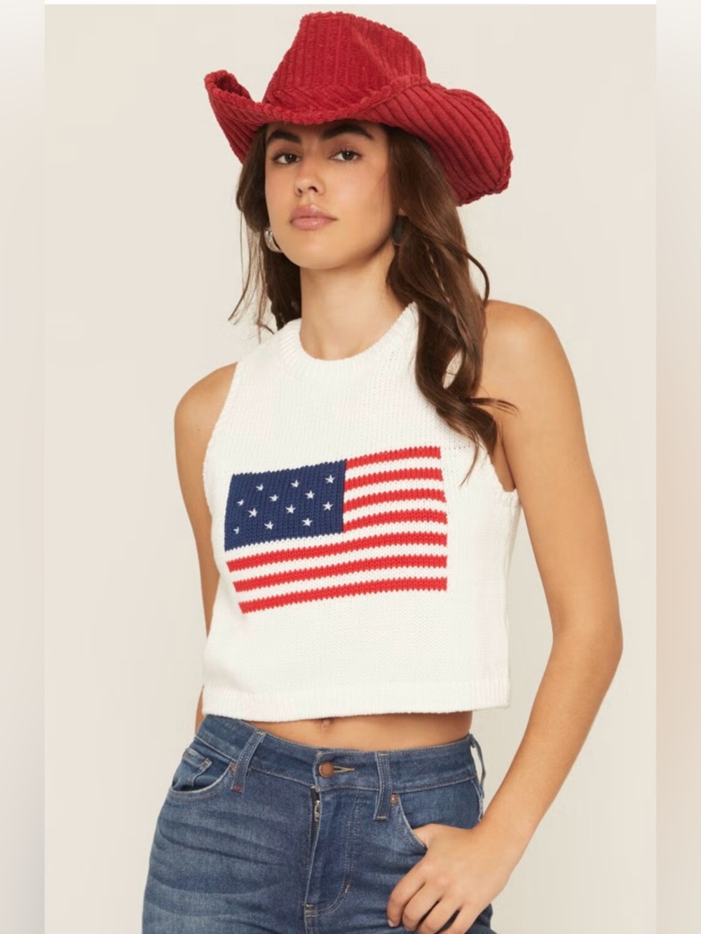 Show Me Your MuMu White Knit Tank with American Flag